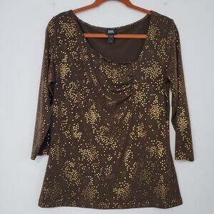 Vintage Y2K 3/4 Sleeve Asymmetrical Neckline Blouse size L Brown Gold Shimmer